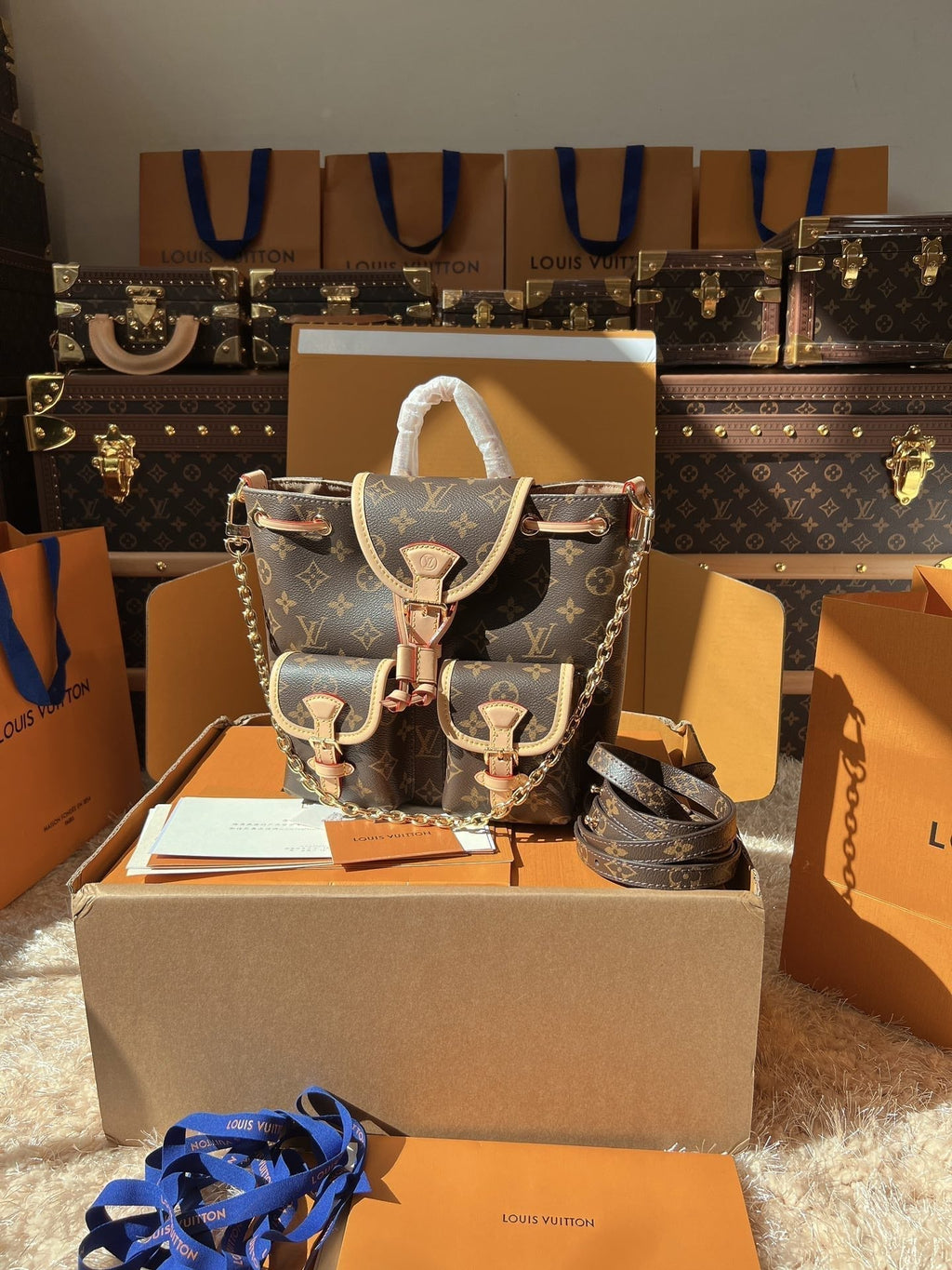LV Excursion PM Monogram Canvas Backpack Shoulder Bag with Leather Trim and Drawstring Closure (21 x 23 x 10) cm