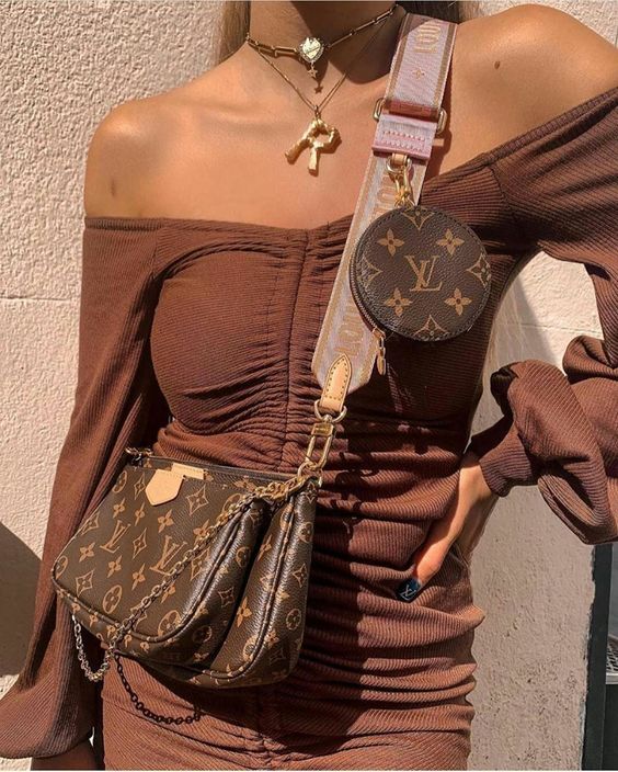 LV Multi Pochette Accessoires Monogram Canvas Crossbody Shoulder Bag with Pink Strap and Two Pouches